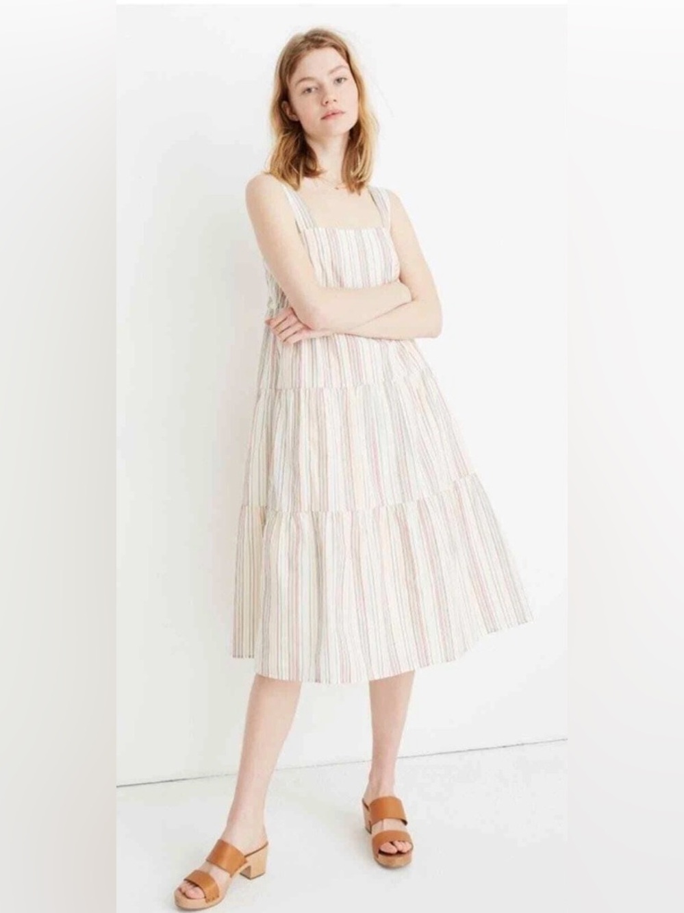 Madewell Linen Blend Striped Tiered Midi Dress 2 EUC